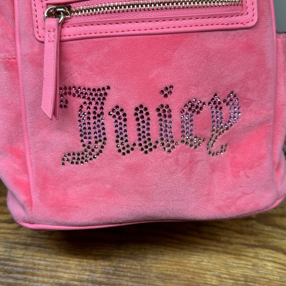 Juicy Couture Pink Velour Mini Backpack Rhinestone Logo Webbed Straps Y2K Style - Picture 2 of 11